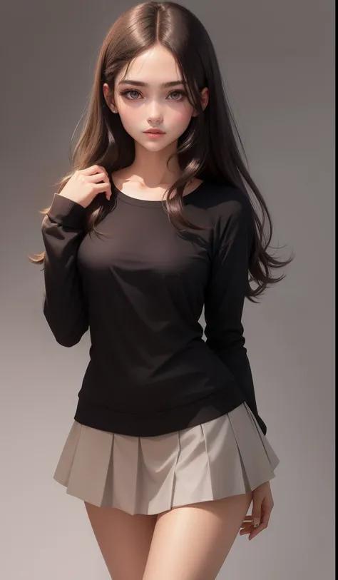 a woman in a casual clothing, white long sleeve T-shirt and circle skirt ,converse shoes, 17 years old, adult face, shoulder length slightly wavy hair, ((dark chocolate brown hair)) and gleaming detailed vibrant hazel eyes, slim frame, medium breasts, long...