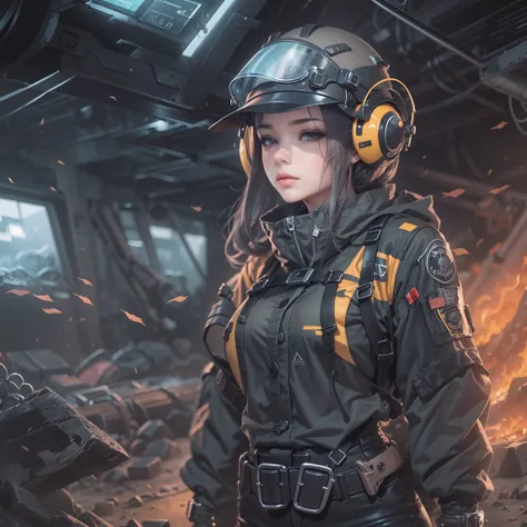 A woman with futuristic clothes working in coal mining, anime style