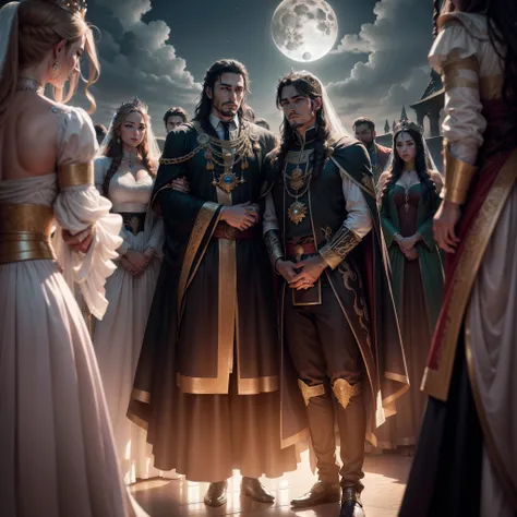 A king and queen getting married with their three princes and three princes with them, Super high resolution, super high detail, hyper realistic, taken with a digital SLR camera, masterpiece, super high detailed face, super high detailed muscles, super rea...