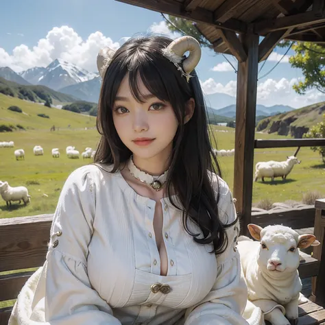 Women in Their 20s、 Fantasia、offcial art, unity 8k wall paper, ultra-detailliert, beautifly、Aesthetic, ​masterpiece, top-quality, Photorealsitic、Big eyes、Sheep Woman、Sheeps ears、Milky horned sheep horns、Giant Spiral Horn:1.5、Collar with bell:2.0、Mokomoko D...