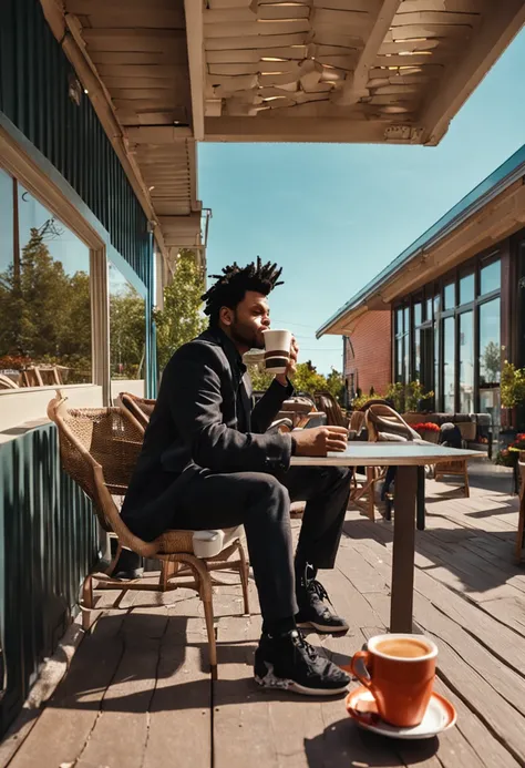 "The Weeknd enjoying a cup of coffee on a sun-drenched patio outside of a charming Tim Hortons café."