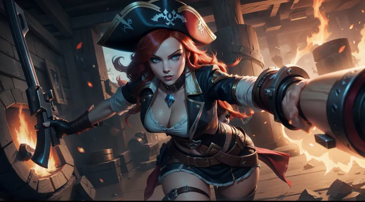 Miss Fortune from League of Legends, red-haired pirate in a hat. musketeer holding gun, Riot games splash art