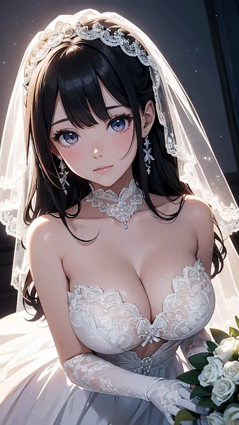 （（best qualtiy））， （（tmasterpiece）） Wedding princess dress， ray of lights， lens flare glow， White petals， Exotic，Close-up of a beautiful bride in a bridal dress,Guvitz，Head flower，headdress，Blush，（Bandeau wedding dress：1.5），（Silk dress：1.2）,（Strapless weddi...