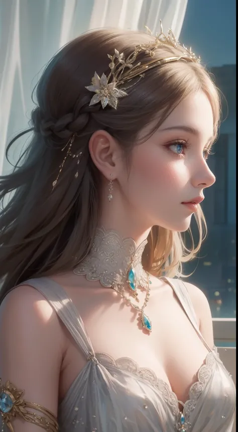 tmasterpiece，Highest high resolution，Bust of a beautiful noble maiden，Delicate braided hair，Coiled hair，Shining clear eyes，The hair is covered with beautiful and delicate jewelry floral craftsmanship, crystal、Diamond jewelry filigree，Ultra-detailed details...