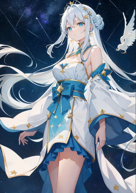 A masterpiece of CG art，The painting style is fresh and soft。The subject is a beautiful girl，Has a childlike appearance。，Cyan eyes，skin is smooth and fair，A manicured white coat flutters in the wind，Long white hair dangling，Hair flutters in the wind，The si...