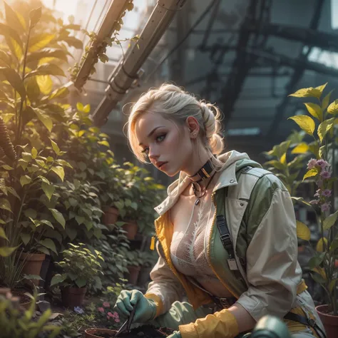 A beautiful woman gardening, futuristic clothes, dystopian city background, cinematic, soft lighting, golden hour