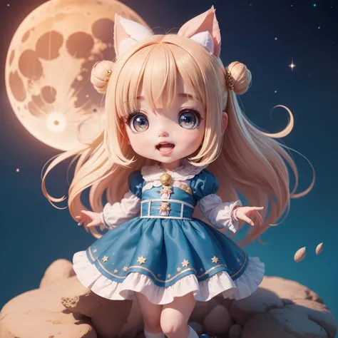 Cute Baby Chibi Anime,（（（Super masterpiece、top-quality、ultra-detailliert、女の子1人、Chibi：1.5））、Costumes reminiscent of the galaxy、Opens mouth and laughs、The background is a fairytale country、(Super Blue Moon:1.2)