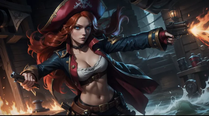 Miss Fortune from League of Legends, red-haired pirate in a hat. musketeer holding gun, Riot games splash art, one girl