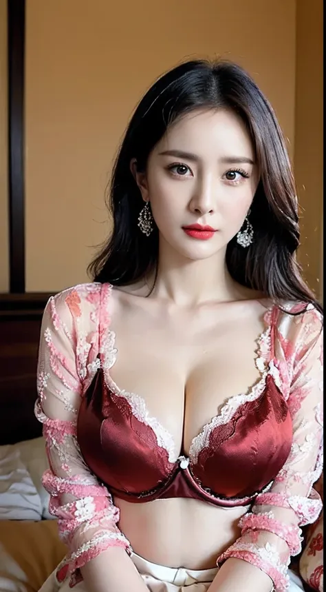 1 beautiful girl in beautiful hanfu, thin red silk underwear（lace silk lingerie），（at the bedside，face glamorous），（white silk pan...