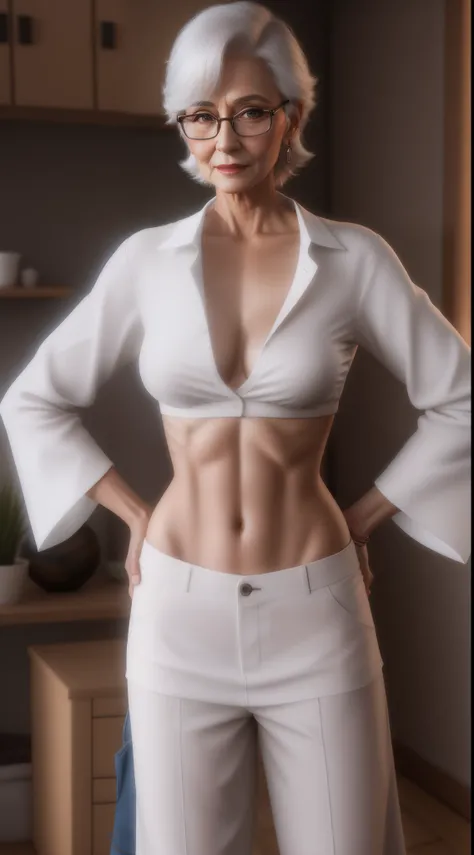 elderly older nerdy lady in a skimpy midriff-shirt and low-rise pants faces to you , 3 d render of a full granny body , unbuttoned unglued succinct crop shirt , photorealistic older female normal body , bare belly , feminine and brazen , severe chastener w...