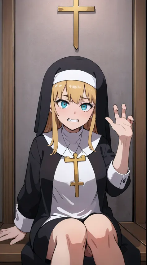 (one teenage nun girl) purple nun robe with a golden cross around her neck. cyan eyes. blonde woman, a plump body. sweet calm fa...