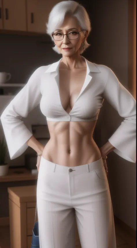 elderly older nerdy lady in a skimpy midriff-shirt and low-rise pants faces to you , 3 d render of a full granny body , unbuttoned unglued succinct crop shirt , photorealistic older female normal body , bare belly , feminine and brazen , severe chastener w...