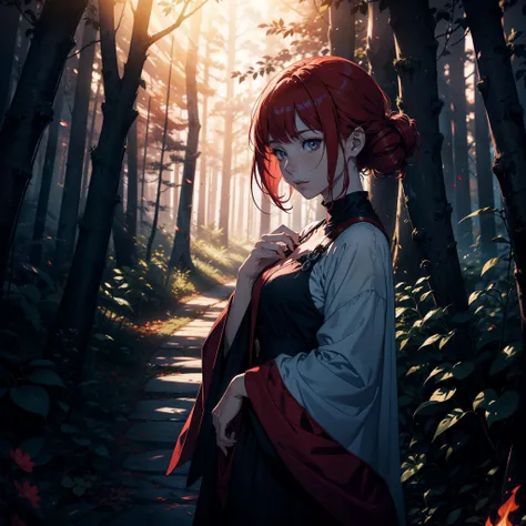 "A mesmerizing scene unfolds as a mysterious woman with fiery red hair gazes at the enchanting, gradually darkening magical forest."