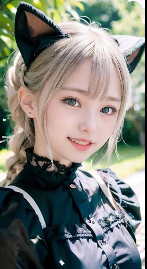 (ultra-detailliert), Frontal Face,head shot, Front view,Cute princess dresses in black color,(frilly dress),(shortsleeves),Blue eyes,The upper part of the body、a closeup、faces、(A smile:1.5),(facing front:1.2), 20yr old, teens girl,no tail,(no tail),2D, ​ma...