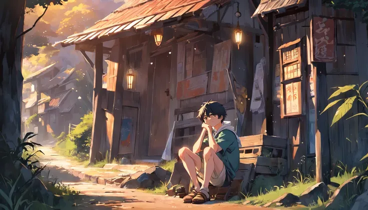 (an adventurous peasant boy, com semblante triste) e (uma jovem camponesa), usando sapatos, Em uma loja, estilo anime, estilo da capa do livro, the sunset as the day gives way to the night, A starry sky begins to rise above , imagem circundante