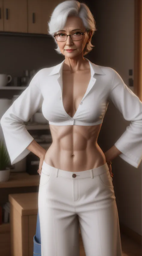 elderly older nerdy lady in a skimpy midriff-shirt and low-rise pants faces to you , 3 d render of a full granny body , unbuttoned unglued succinct crop shirt , photorealistic older female normal body , bare belly , tummy with a little bit of flab , femini...