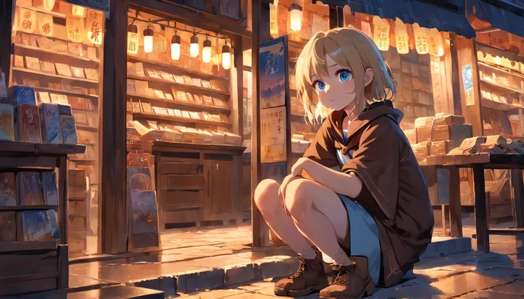 masterpiece, best quality, peasant boy, adventurer, dark brown hair, light brown eyes, sad and young peasant girl, blonde, blue eyes, in a shop, wearing shoes, anime style, book cover style, sunset gives place at night, a starry sky above, immersive image