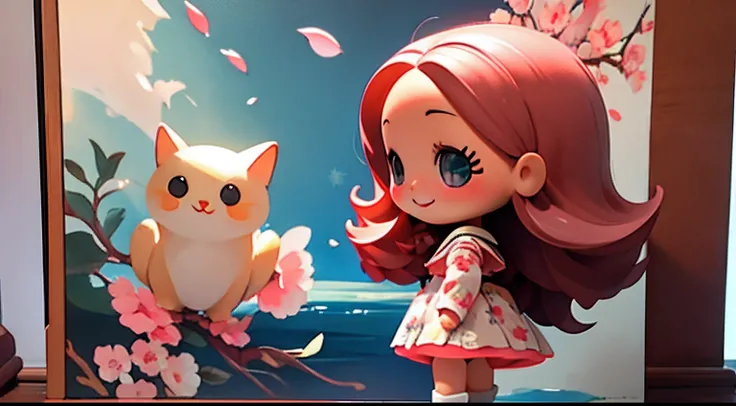 photoRealstic、Doll standing in front of the painting、bionde、laugh face、Water droplets on the cheeks、Sengai、pixiv、rokoko、dollfie dream、watercolor Nendoroid、(High Definition Figure)、flowing sakura-colored silk、nendroid、bustup、Cherry blossom petals、Flowing ch...