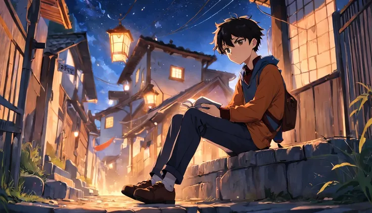 (an adventurous peasant boy, com semblante triste) e (uma jovem camponesa), useo sapatos, Em uma loja, estilo anime, estilo da capa do livro, the sunset as the day gives way to the night, A starry sky begins to rise above , imagem circundante