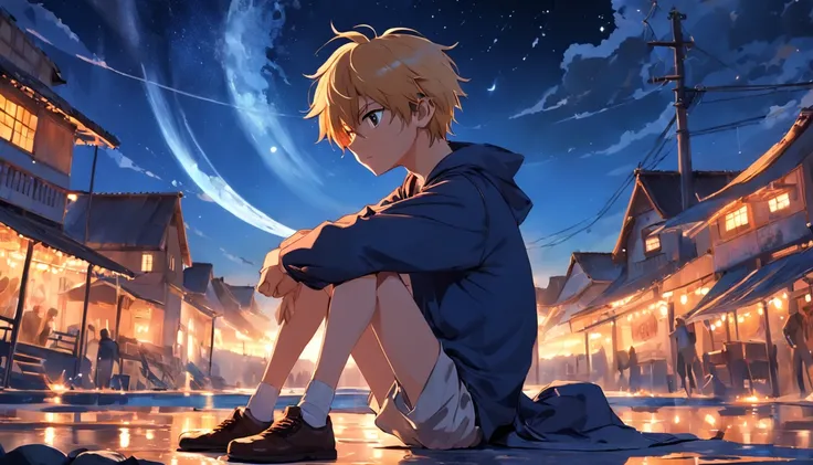 (an adventurous peasant boy, com semblante triste) e (uma jovem camponesa), useo sapatos, Em uma loja, estilo anime, estilo da capa do livro, the sunset as the day gives way to the night, A starry sky begins to rise above , imagem circundante