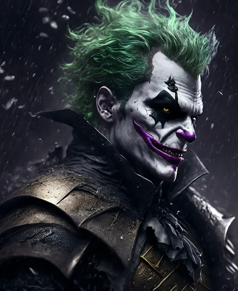 Close-up (Joker from DC in Goth style: 1.3) emerging from wet black mud, extremely detailed, smoke, sparks, metal shavings, flying debris, volumetric light