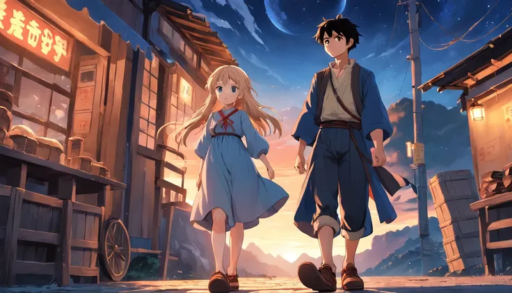 an adventurous peasant boy, with a sad countenance, and a young peasant woman, wearing shoes, In a shop, anime style, book cover style, the sunset as day gives way to night, a starry sky begins to rise above, surrounding image