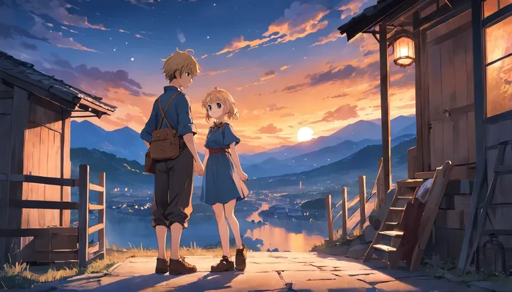 an adventurous peasant boy, with a sad countenance, and a young peasant woman, wearing shoes, In a shop, anime style, book cover style, the sunset as day gives way to night, a starry sky begins to rise above, surrounding image