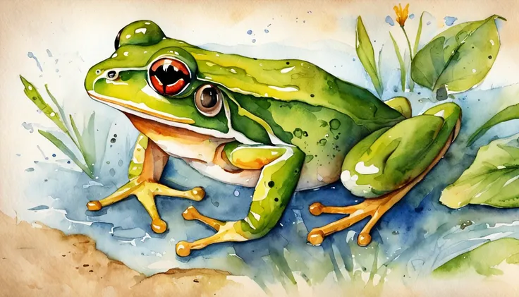 Oi IA, Create images for a fable. I need a frog, The lying frog telling lies in the swamp to other animals