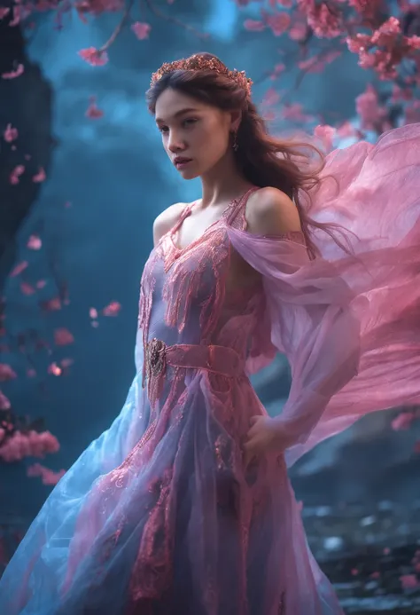 best quality, masterpiece, ultrahigh-resolution, Close-up of a woman in a flowing blue-pink gauze dress, close-up of the whole body, sexy to, cropped shoulders, beautiful teenage girl, a beautiful empress fantasy, ethereal beauty, beautiful fantasy maiden,...