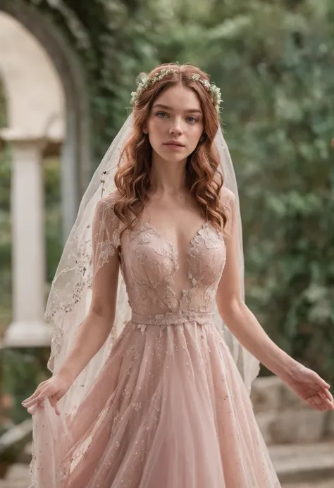 (Full body photograph of 1 white girl with freckles on her face and curly hair wedding dress with large transparent veil and pink dress + suave e delicado + cabelos loiros)+(Vestido longo em cores brilhantes, Luz brilhante, Cabelo loiro longo e liso + Olho...