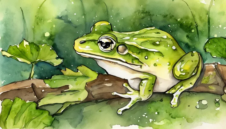 Oi IA, Create images for a fable. I need a frog, The lying frog telling lies in the swamp to other animals. I need a frog, uma lebre, um corvo e um sapo nesta imagem