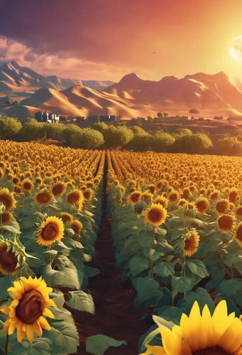 a sunflower field, sunflowers in the background, warm and sunny highly detailed, high quality 8k detailed artwork, epic 3 d oshun, scene: sunflower field, scene: sunflower field, commissioned for high resolution, warm with bright sun