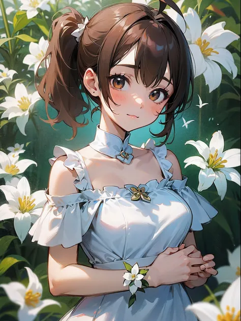 masutepiece、Best Quality、hight resolution、1girl in、独奏、big eye、dark brown eyes、light brown hair、Side Ponytail:1.3、large full breasts、Ahoge、Plain white off-the-shoulder dress:1.3、Short sleeves、frilld、White flowers isolated on light background、I love you、Smoo...