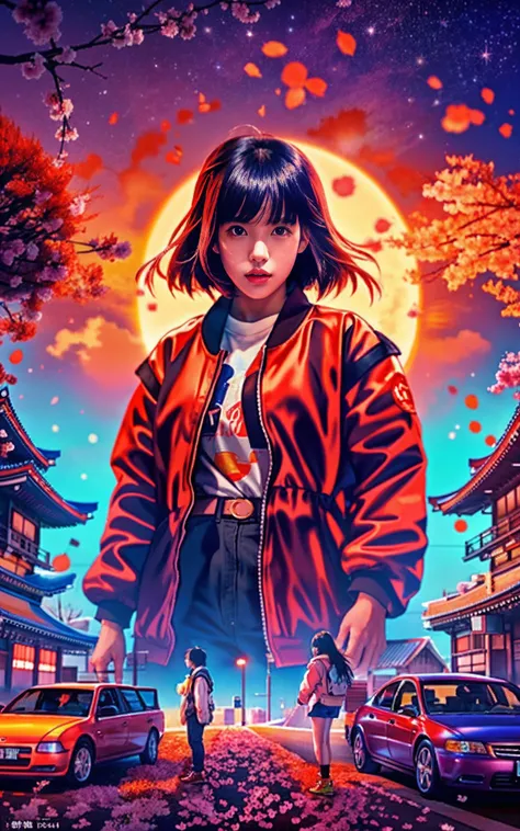 Portrait of a huge young woman with orange sun on her back、A blizzard of cherry blossoms soars in the sky、evening、​masterpiece、Film Poster Artist Makoto Aida vs JAPAN SNS Community. Japan horror style, 4k woman in red jacket standing on street with car, an...