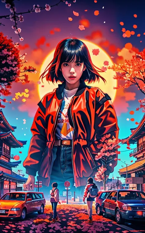 Portrait of a huge young woman with orange sun on her back、A blizzard of cherry blossoms soars in the sky、evening、​masterpiece、Film Poster Artist Makoto Aida vs JAPAN SNS Community. Japan horror style, 4k woman in red jacket standing on street with car, an...