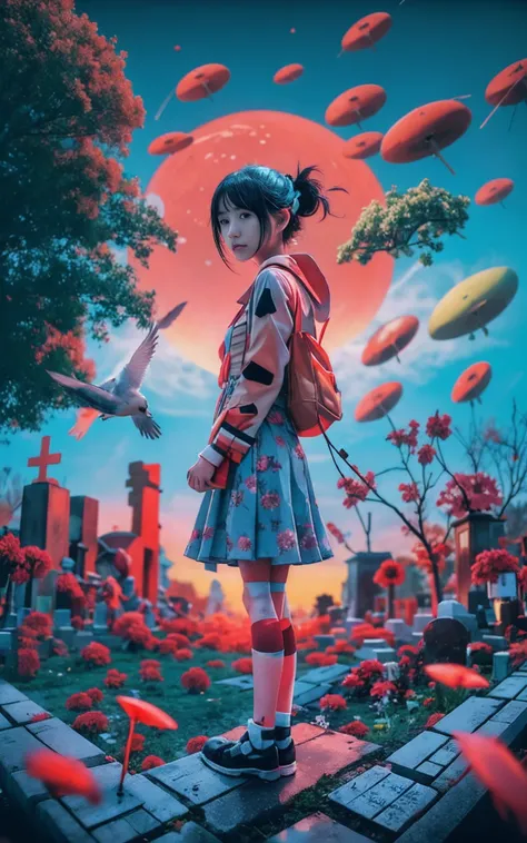 Little girl in a lonely Japan standing in a cemetery、With a sad face、Sun on background、Countless blood splashes fly in the sky、Film Poster Artist Makoto Aida vs JAPAN SNS Community. Japan horror style, 4K, Bird flying in the sky and woman standing on platf...