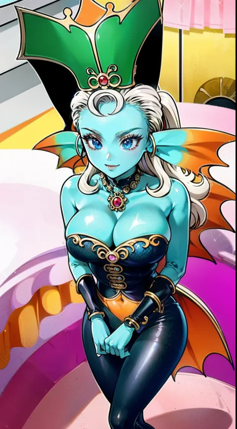 8K, high quality, anime, married woman, beautiful, clean, bright, highlights in eyes, sexy, super big tits, oversized boobs, erotic, nude, beautiful line drawing. Blue skin, well drawn ears, blue and orange gradient fins, anti-magic ninja suit, hero suit, ...