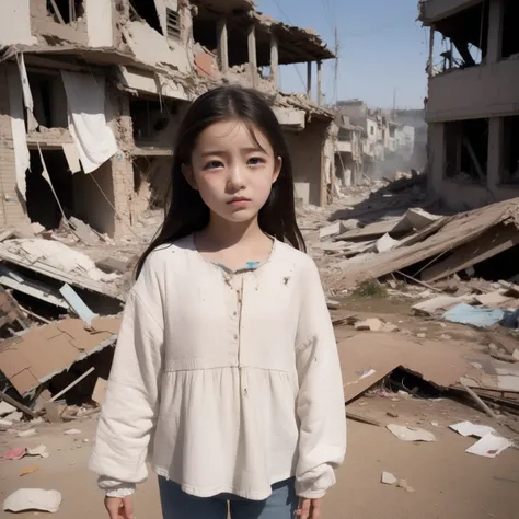 One Girl Standing on the Battlefield、a beauty girl、With a white flag、Wear tattered clothes、crying how bright、12year old、In the background, a building collapsed、Broken houses、rubble、HDTV、realisitic、