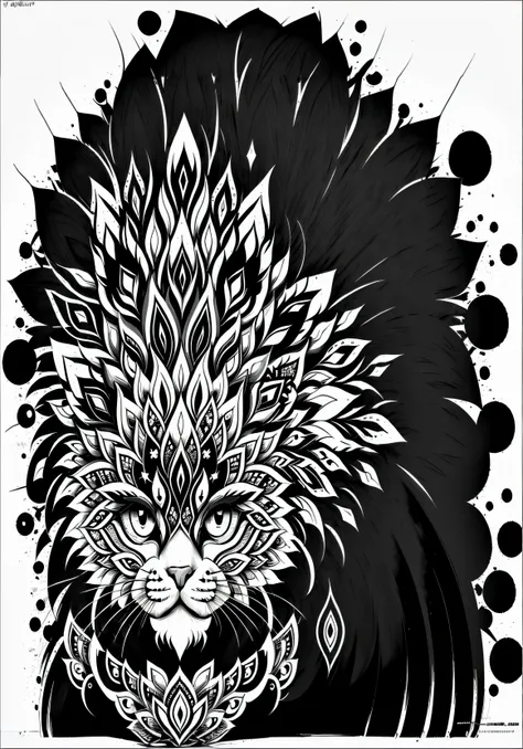 a black and white drawing of a cat with a feathered head, highly detailed and hypnotic, arte vetorial em preto e branco, pelo intrincado detalhado, arte vetorial altamente detalhada, gato detalhado, Illustration of intricate and bold paint, Highly detailed...