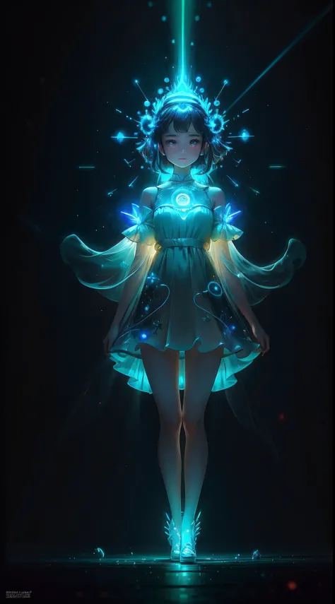 （（Bestquality））， （（A Masterpiece））， （（realisti））， portraits，1girle，full body portrait， celestial bodies， The god， a goddess， Light particles， Halo， looks at the viewer， Firm eyes， Bare Shoulders， Chest tube parietal， Poker face，（bioluminescense：0.9 girls 5...