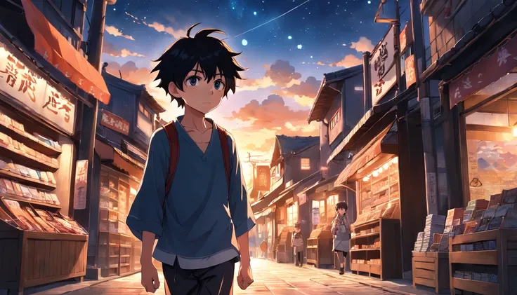 an adventurous, sad-faced peasant boy walking out of a shop, anime style, book cover style, the sunset as day gives way to night, a starry sky begins to rise above, surrounding image