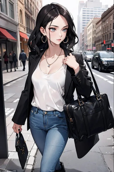 (masterpiece:1.2, best quality), 1lady, solo, upper body, big tits, In the picture, a stylish woman is seen wearing a fitted black blazer with a pair of dark-washed skinny jeans and a simple white tank top. The blazer exudes sophistication and professional...