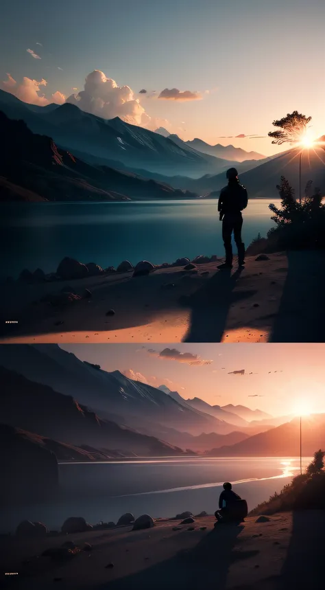 Create a landscape with a male silhouette for motivational video background with strong and eye-catching colors