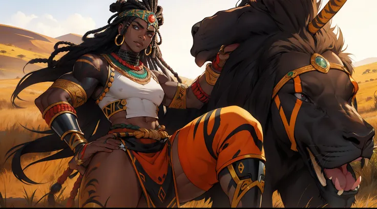 ((African warrior woman) + muscle + (black skin) + savanna)