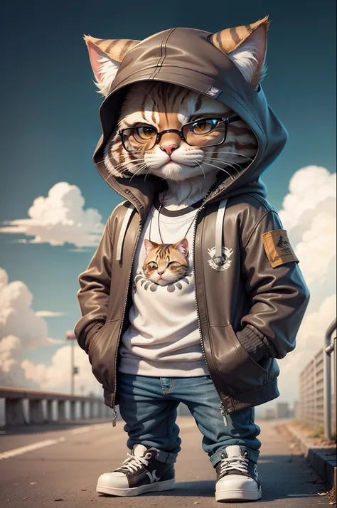 C4tt4stic, Cartoon brown tabby cat in jacket and skateboard, Sunglasses,