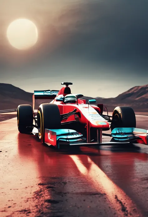 A Formula 1 car walking on the moon