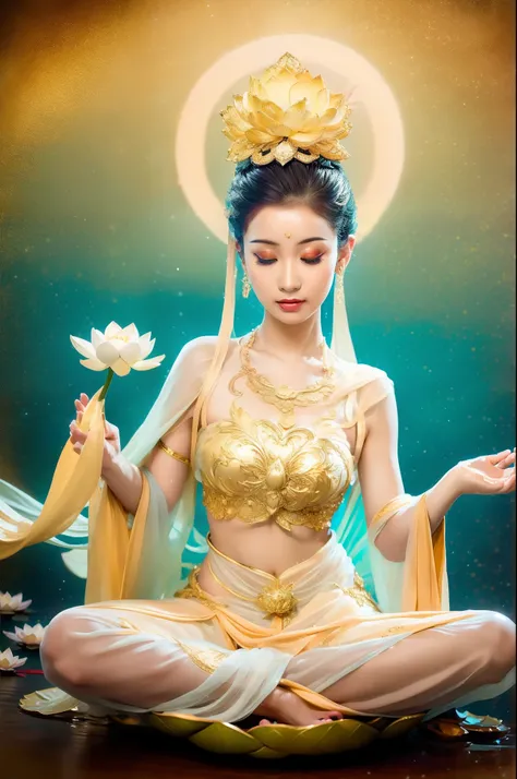 the naked fairy sits on a lotus throne in meditation，（yoga lotus sitting），（perfect，delicate and good-looking face），（get wet all ...