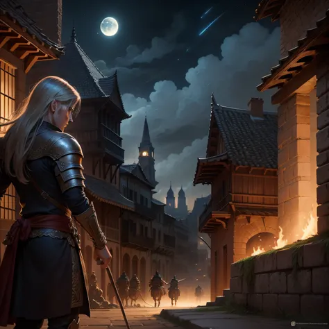 Caballeros luchando en una ciudad antigua por la noche, With fire and moon in the background Highly detailed fantasy art