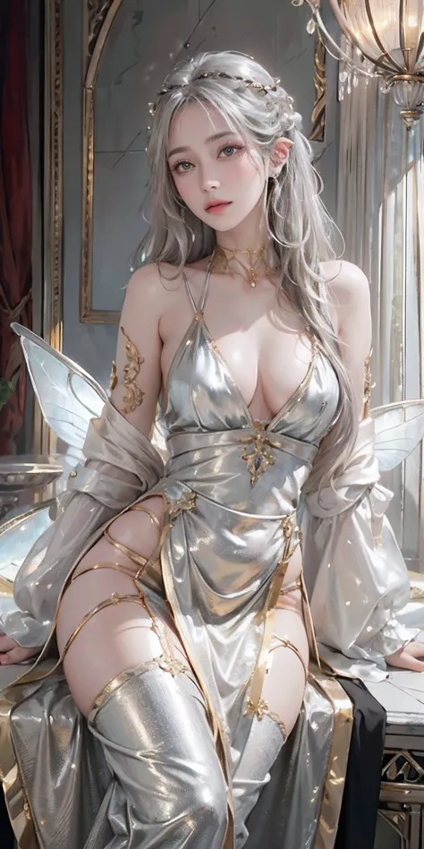 photorealistic, high resolution, soft light,1women, solo, hips up, shinning skin, (detailed face), jewelry, (((gold, silver, glimmer)), faerie), limited palette, contrast, phenomenal aesthetic, best quality, sumptuous artwork, elegant dress, blonde hair