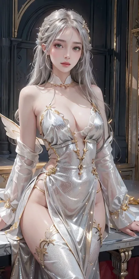 photorealistic, high resolution, soft light,1women, solo, hips up, shinning skin, (detailed face), jewelry, (((gold, silver, glimmer)), faerie), limited palette, contrast, phenomenal aesthetic, best quality, sumptuous artwork, elegant dress, blonde hair